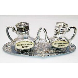 Airforce Academy Colorado Salt and Pepper Shaker Silver with Tray Made in Japan